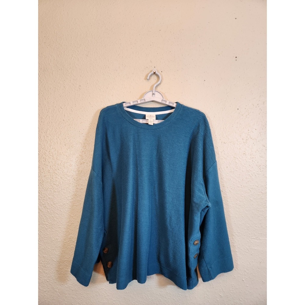 St. Johns Bay Womens 2X Teal Blue Cotton Ribbed Sweater Side Button Accents